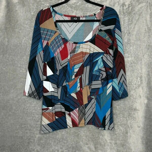 AGB XL Shirt Top Blue Geometric 3/4 Sleeve Scoop Neck Ruffled Stretch Womens